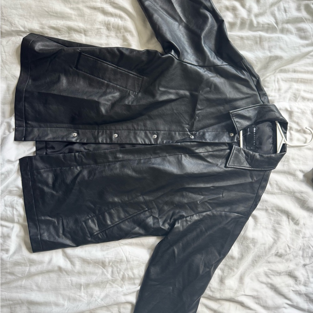 ASOS Black Leather Jacket Classic Collar Glossy Finish